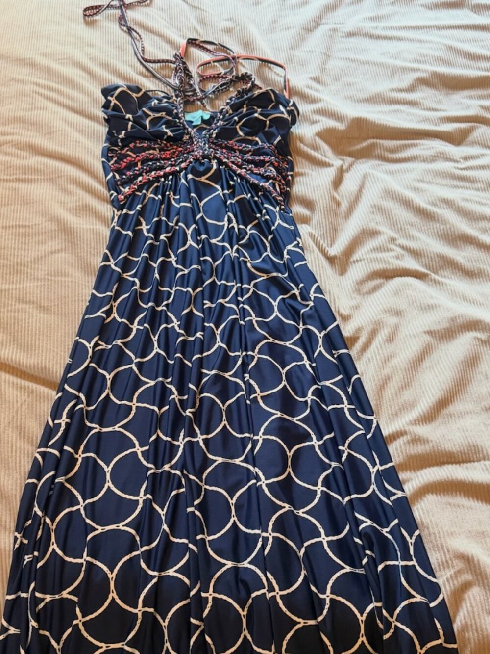 Sandiva XS Printed Halter Maxi Dress Braided Neckline Navy Pink